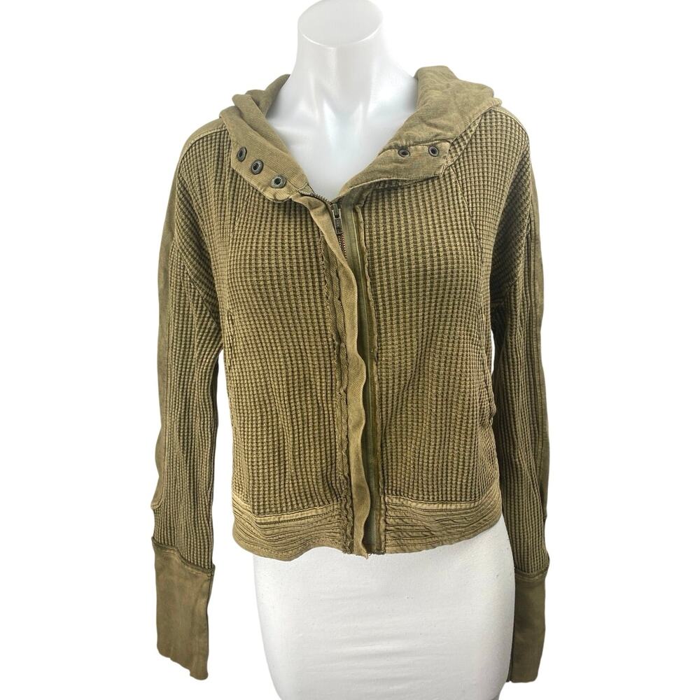 Free People Mason Olive Green Waffle Knit Long Sleeve Full Zip Hoodie Sweater S